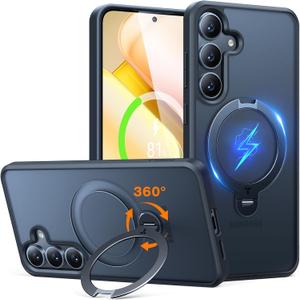 TORRAS 360 Spin for Samsung Galaxy S25 Case with Stand, Fit for MagSafe, 3X Military Grade Protective, Rotatable Kickstand for Samsung S25 Case, Magnetic Ring Slim Hard Cover, Matte Black 6.2''