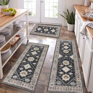 HEBE Boho Kitchen Rug Sets 3 Piece with Runner Non Slip Kitchen Rugs and Mats Washable Kitchen Mats for Floor Thick Kitchen Floor Mat Carpet Runner Rugs for Hallway Laundry Holiday Decor (20"x32"+20"x48"+20"x59", Black/Colorful)