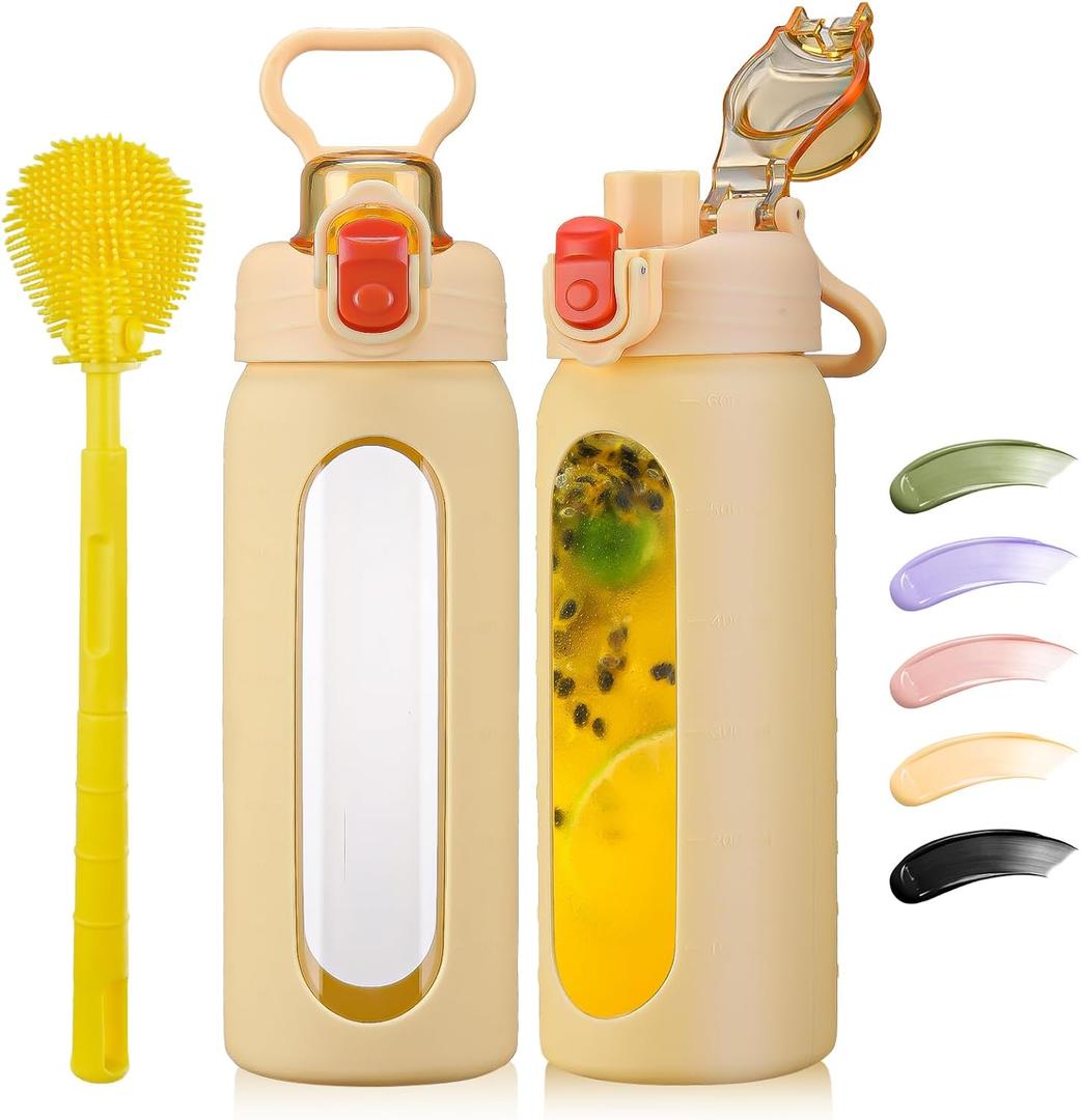 SIEROZUR 20oz Borosilicate Glass Water Bottle with Flip Lid and Silicone Sleeve Reusable Drinking Bottle with Handle for Coffee,Tea and Water,BPA-free Dishwasher Safe