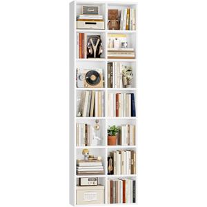 FOTOSOK 71'' Tall Bookshelf with 14 Cubes, 7 Tier Double Wide White Bookshelf with 6 Adjustable Shelves, 19.6" Narrow Bookcase DVD/CD Media Storage, Space Saving Display Shelf Cabinet, White, 19.6W x 9.3D x 70.9H inches
