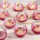 Pink Votive Candle Holders Set, 12 PCS Tea Lights Candle Holder Decorative Bulk with Butterfly Pattern, Candle Holders for Wedding, Birthday, Anniversary, Parties, and Holiday Decorations
