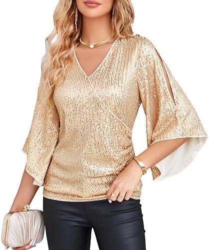 GRACE KARIN Womens Sparkly Sequin Tops,3/4 Sleeve Glitter Party Dressy Blouse,V-Neck Disco Evening Club Concert Shirt XL