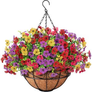 Artificial Fake Hanging Flowers Plants Basket Outdoors, Faux Silk UV Resistant Look Real Daisy Eucalyptus for Spring Summer Garden Porch Home Patio Balcony Yard Decorations, Multicolor