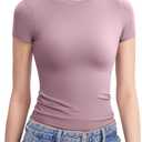PUMIEY Women's Crew Neck Short Sleeve Tops Double Lined Slim Fit T Shirts Basic Tee Smoke Cloud Pro Collection (Small, Mauve)