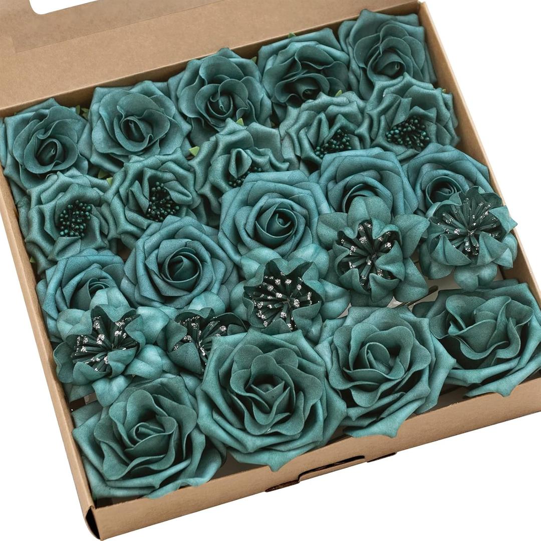 Ling's moment Artificial Flowers Fake Roses Faux Foam Flower Combo for DIY Wedding Bouquets Centerpieces Arrangements Bridal Shower Party Home Decorations, Dark Teal, 24pcs