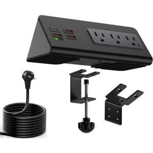 Upgraded Version Edge Mount Power Strip with USB-C Ports Tabletop Surge Protector Desk Clamp Power Sockets with 3 AC Outlets &4 Fast Charging USB Ports for Home Office Hotel Dormitory (Black - 1pack)