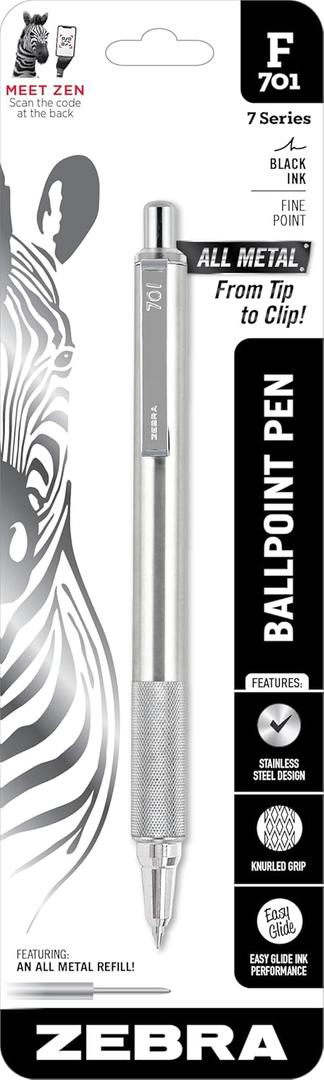 Zebra Pen F-701 Retractable Ballpoint Pen, Stainless Steel Barrel, Fine Point, 0.8mm, Black Ink, 1-Pack (29411)