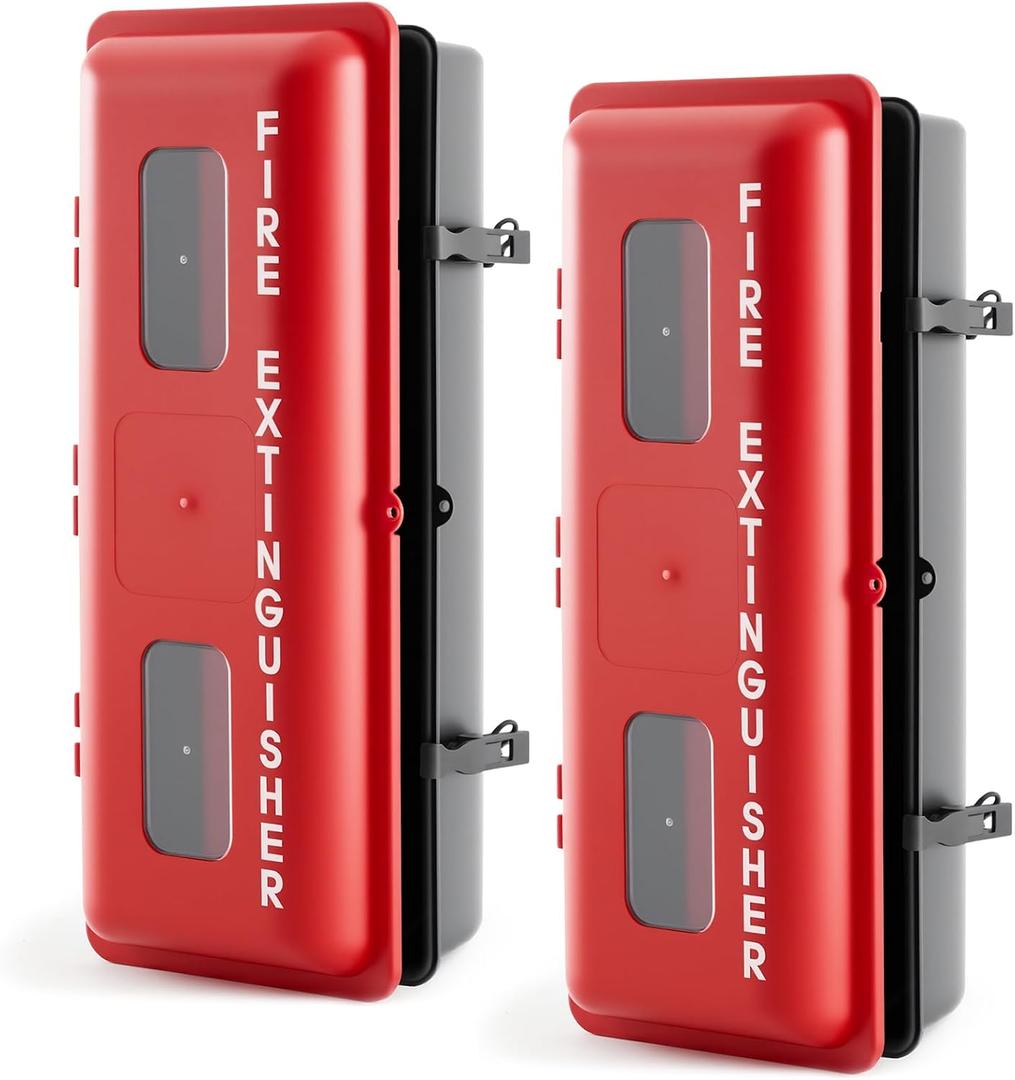 DoubleFill 2 Pcs 10 lb Fire Extinguisher Cabinet Box with Internal Rope Fastening and External Latch Sturdy Plastic Holder Case Vandal-Resistant Weatherproof Protect Indoor Outdoor (26 x 12 x 9 in)