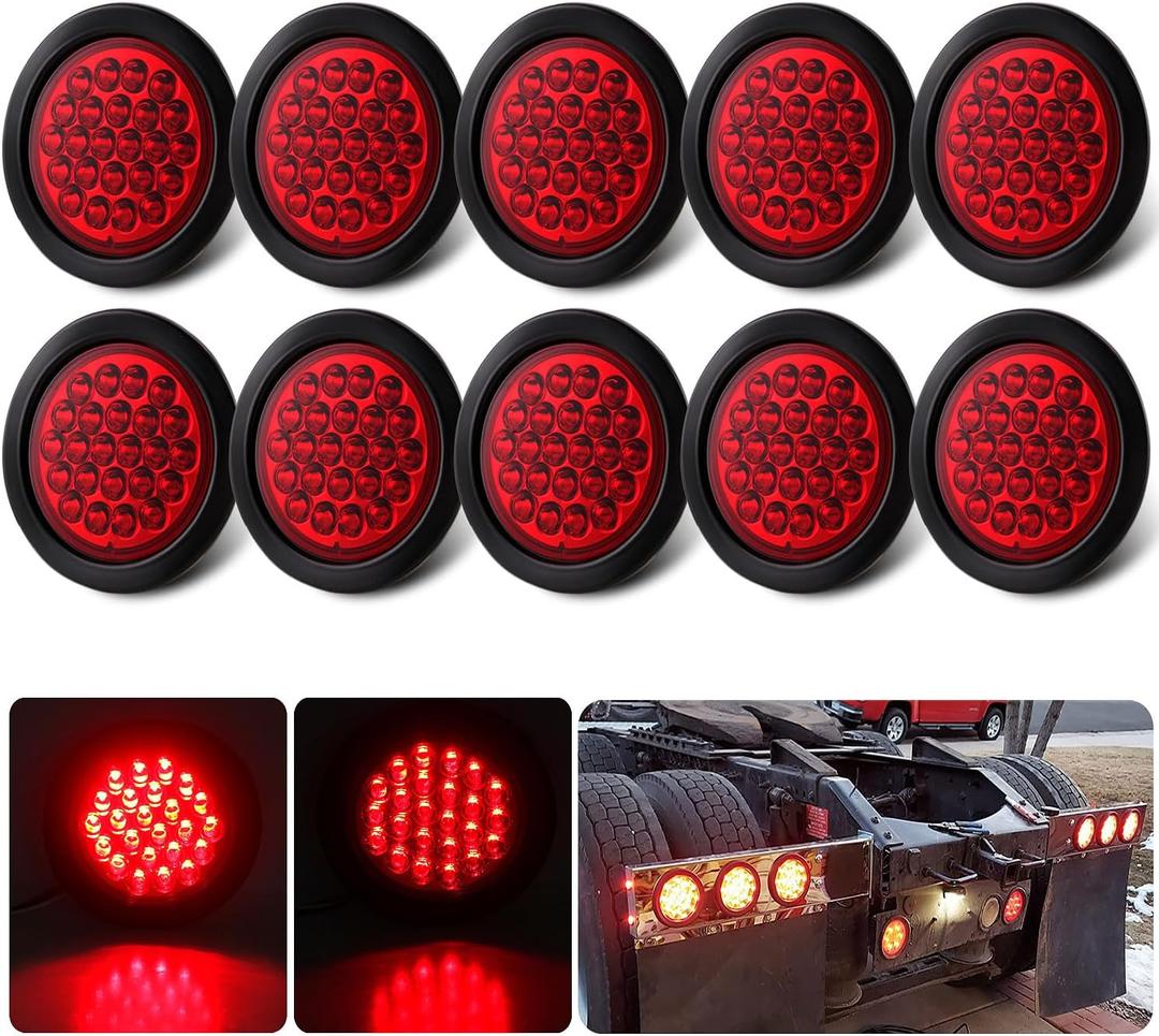 10Pcs 4" Inch Round Red LED Trailer Tail Lights 24 LED 4" Round LED Stop Turn Tail Lights Trailer Brake Lights Waterproof Flush Mount w/Grommets 3-Prong Wire Pigtails for Trucks RV UTE UTV 12V
