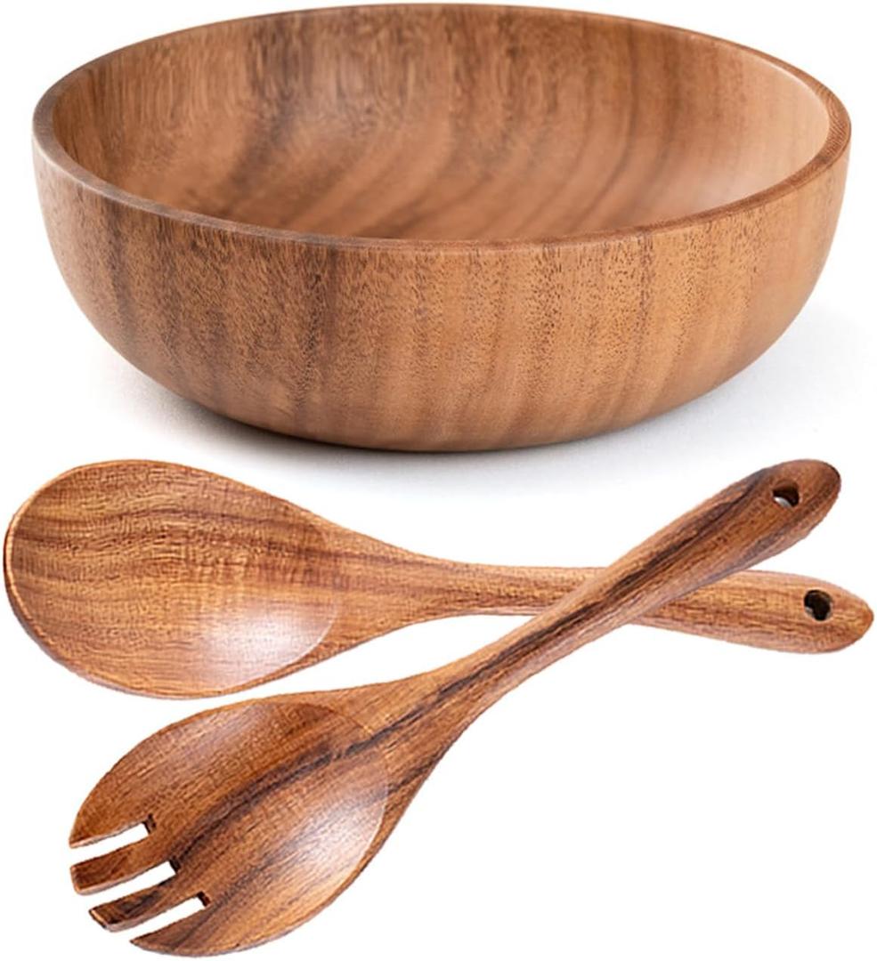 YXE Wooden Salad Bowl Set, 9.45 inch*2.75 inch Acacia Wood Large Salad Serving Bowl with Salad Spoon and fork for Mixing Fruits, Cereal Pasta Salad, Pasta-(3 Piece Large Salad Bowl Set) (1, 9.45in)