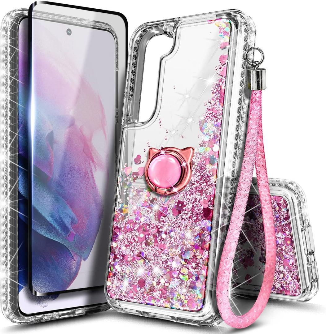 NGB Case for Samsung Galaxy S21 FE 5G with Tempered Glass Screen Protector (Maximum Coverage), Ring Holder/Wrist Strap, Girls Women Liquid Bling Sparkle Glitter Cute Case (Rose Gold)