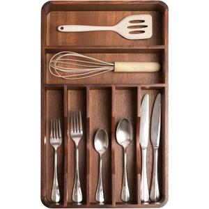 KitchenEdge Silverware Organizer - Cutlery, Flatware, and Utensil Holder for Kitchen Drawers, Fixed 10.5 Width, 7 Storage Compartments, Non-Slip Feet, Rounded Corners, Acacia Wood
