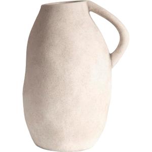 White Ceramic vase with Handle, Distressed Cement Texture, Boho Terracotta Large Pottery 10inch Tall, Rustic Farmhouse Decorative vases for Centerpieces, Unique Stoneware Jug for Flowers