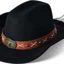 Wide Brim Cowgirl Hat Men Large Wide Brim Cowboy Hats for Women with Buckle Belt Classic Cowboy Outfits (Black, M)