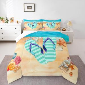 Homewish Flip Flop Full Size Comforter Set,Teal Stripes Bedding Set for Adults Teens,Children Beach Shell Comforter Luxury Blue Ocean Quilt Set Room Decor 3Pcs