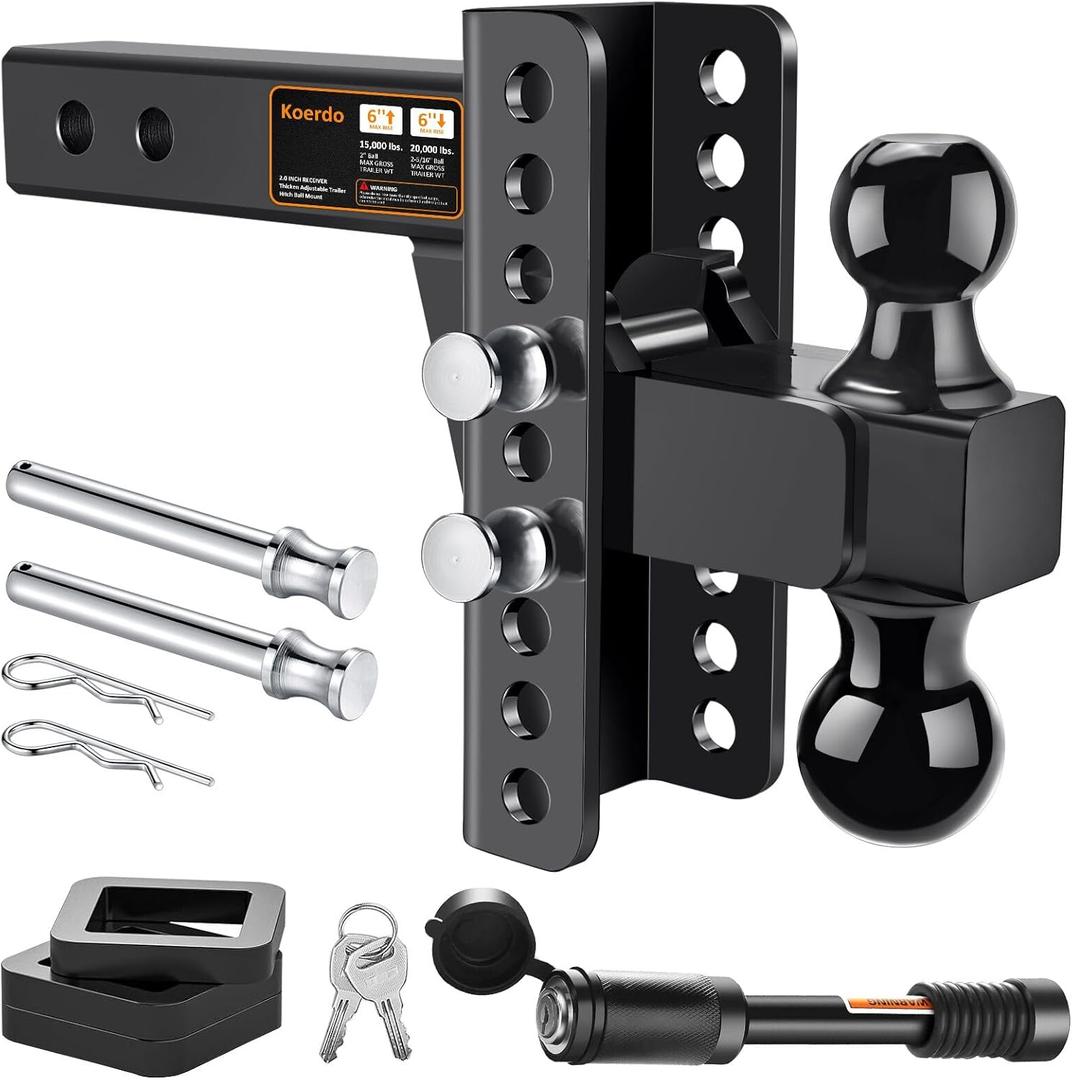 Adjustable Trailer Hitch -Drop Hitch-Tow Hitch with 2 inch Receiver-6inch Drop/Rise, 2" & 2-5/16" Ball Hitches for Trucks, 20,000 LBS GTW, Trailer Hitches with Anti-Theft Pin, Black