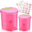 Tessco 2 Pieces Strawberry Desk Trash Can Cute Mini Countertop Trash Can with Lid Kawaii Small Garbage Can Plastic Waste Bin with Sticker for Car Office Home Bedroom Bathroom Kitchen Decor(Pink)