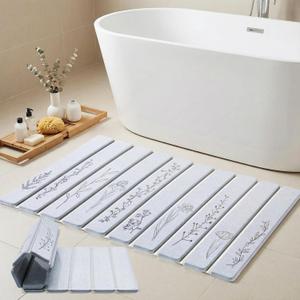 Large Stone Bath Mat - 32x20 Inch, Super Absorbent Diatomite Earth Extra Large Bath Mats for Bathroom, Quick Dry Non-Slip Foldable Stone Drying Mats for Kitchen & Bathtub (Light Gray Floral Decor)