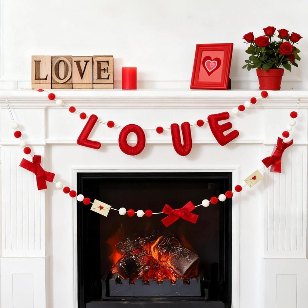 WDS WONDROUS 50 Inch Valentine Felt Garland with Red Love Letters, Pom Pom Hearts Banner for Wedding Party Decor, Romantic Hanging Decoration for Home Anniversary Celebration