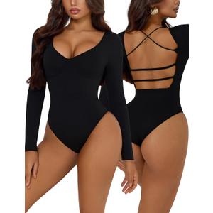 Women's Sexy Open Back Bodysuits Long Sleeve Shirts V Neck Tees Fitted Body Suits (Black)