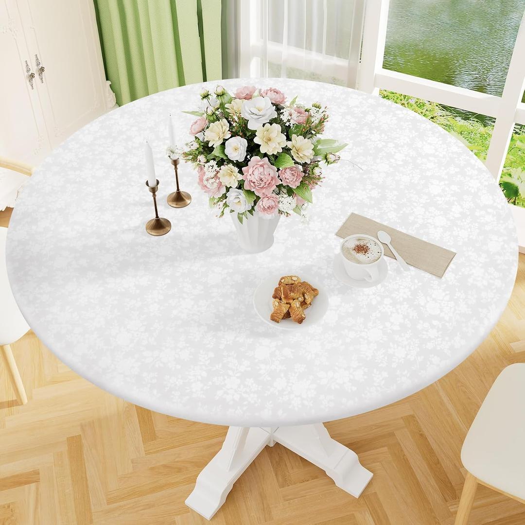 Smiry Round Picnic Tablecloth, Elastic Waterproof Fitted Heavy Duty Vinyl Tablecloths for 45"-56" Tables, Wipeable Washable Table Cover for Kitchen, Dining, Camping, Outdoor, White