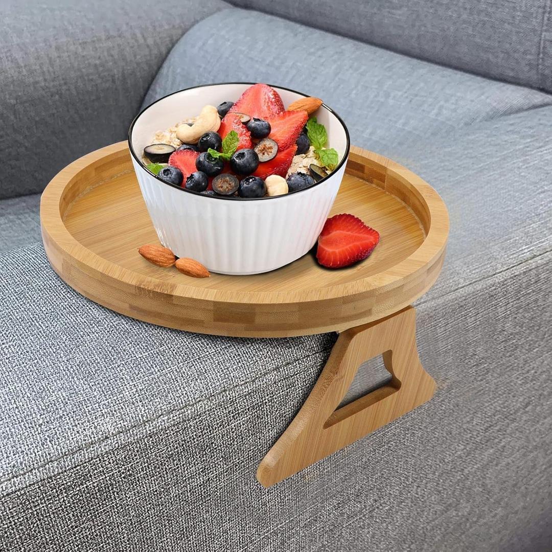 Bamboo Sofa Arm Tray,Foldable Sofa Armrest Clip-On Tray Suitble for 4"-9" Armrest,Circle Sofa Arm Table for Snacks/Drinks/Fruit/Dessert/Rmote (9.49x8.86x3.54 inch)