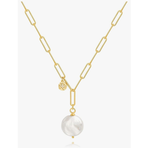 18k Gold Chain Link Necklace for Women, Baroque Pearl/Compass Pendant Necklace