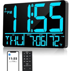 13" Bluetooth Auto Sync Wall Clock - Large Digital Alarm Clock with Remote, 25 Ringtones, Dual Alarm, Adjustable Brightness, 12/24H, Auto DST, for Living Room, Kitchen, Office, ElderlyBlue