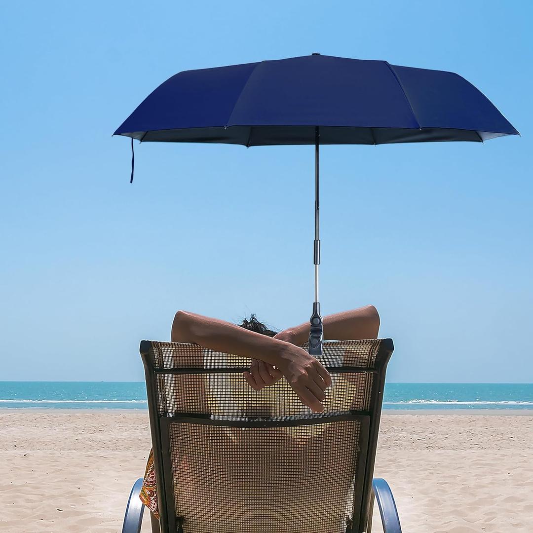 Beach Chair Umbrella with Clamp, Portable Clip on Umbrella for Outdoor Chairs, Adjustable UPF50+ Sun Shade Umbrellas for Beach Patio Travel Camping Wheelchair Golf Cart, Small 40inch with Storage Bag