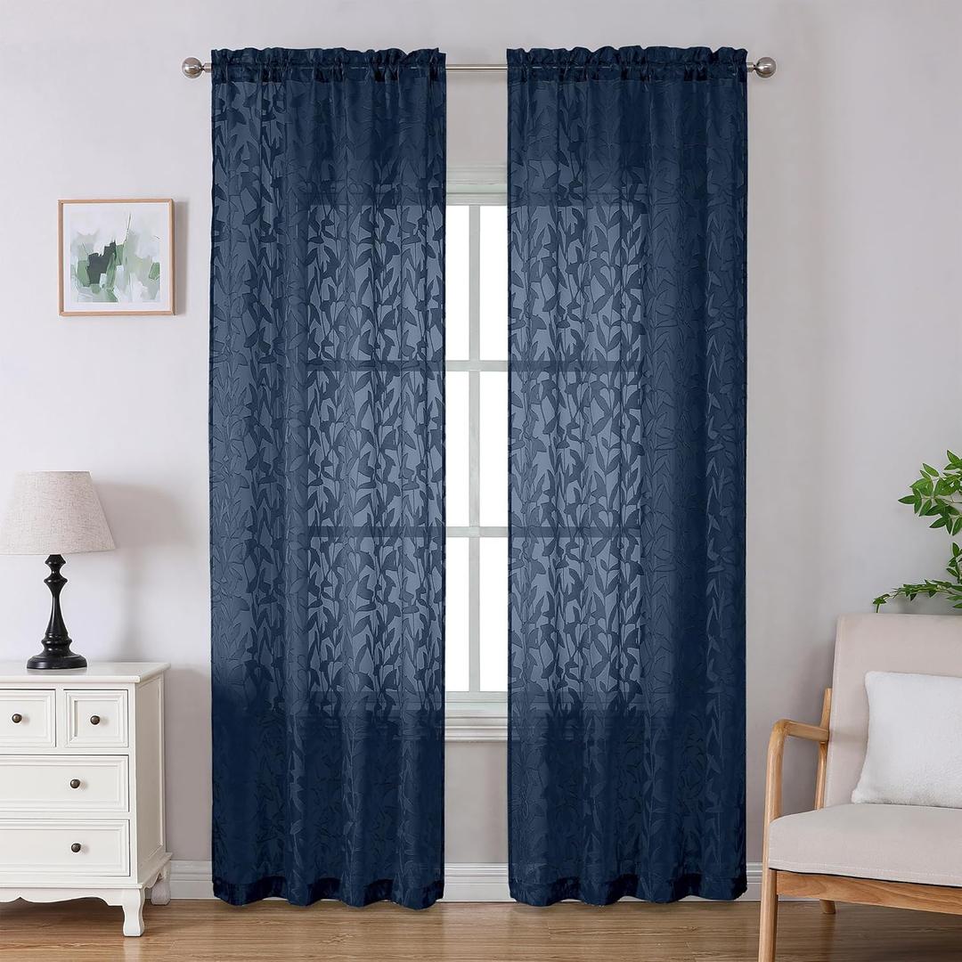 Lecloud Leia Jacquard Textured Navy Blue Sheer Curtains 96 Inches Long 2 Panels, French Door/Living Room/Bedroom Curtain with Dual Rod Pockets, Light Filtering Clip Leaf Voile Drapes, 38x96 Inches