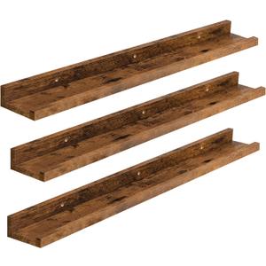 HOOBRO Floating Shelves, Wall Shelf Set of 3, 35.4 Inches Hanging Shelf with Raised Edge and Invisible Brackets, for Bathroom, Bedroom, Kitchen, Office, Living Room Decor, Rustic Brown BF90BJ01