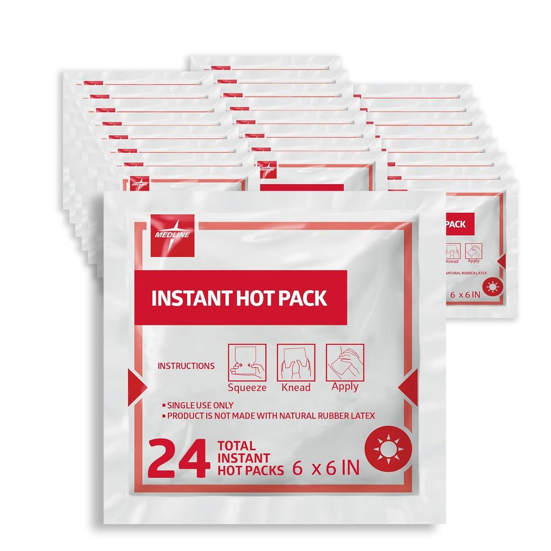 Medline Instant Warm Pack, Disposable, 6" x 6", 24 per Pack, Heat Packs for Pain Relief, Muscle Soreness and Increased Blood Flow