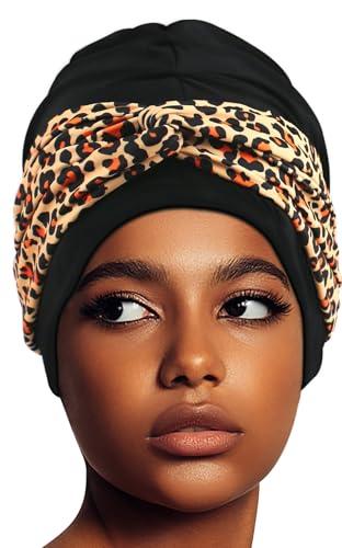 Swim Turban Waterproof Silicone Lined Swim Cap for Braids and Dreadlocks Long Hair Swim Caps for Women Youth - Large Swim Caps, Large, Leopard