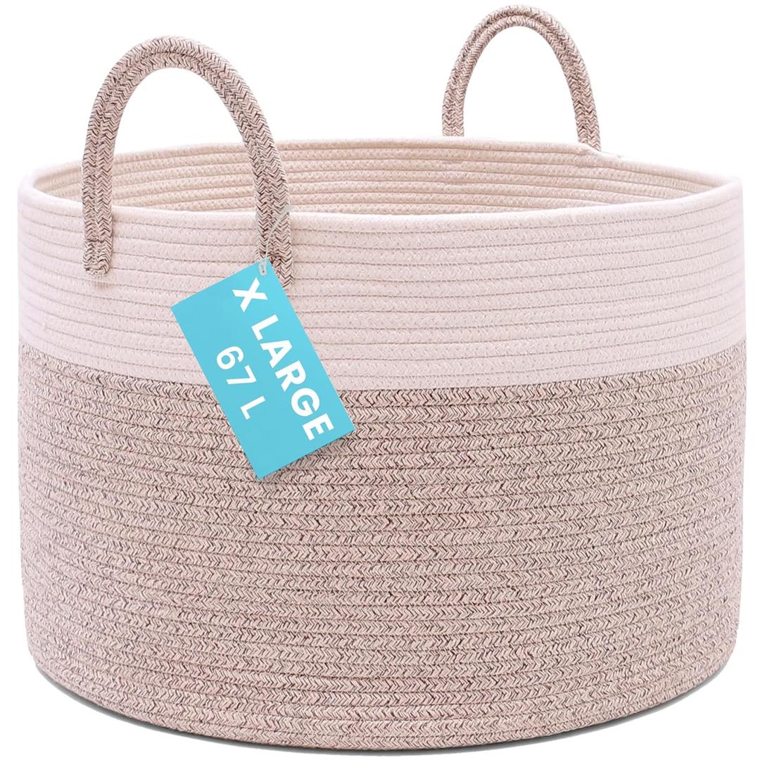 OrganiHaus Large Woven Storage Basket for Blankets and Toys 20" x 13" Inch, Rope Laundry Basket with Handles, Cushions & Pillows Storage Bin, Nursery Hamper, Soft Round Dog Toy Bin - Brown/Off-White (Wide)