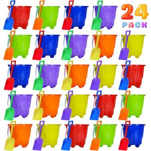 5 Inch Sand Castles Beach Buckets and Shovel Set,Sand Bucket Water Bucket for Beach Fun Great Summer Party Accessory24 Shovels and 24 Pail Buckets