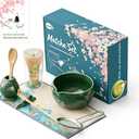 Matcha Whisk Set, Ceramic Matcha Kit Set Includes Matcha Bowl, Matcha Whisk and Holder, Bamboo Scoop and Spoon, Scoop Rest, Sifter and Tea Towel - 8 Pcs Matcha Kit for Matcha Lovers, Green