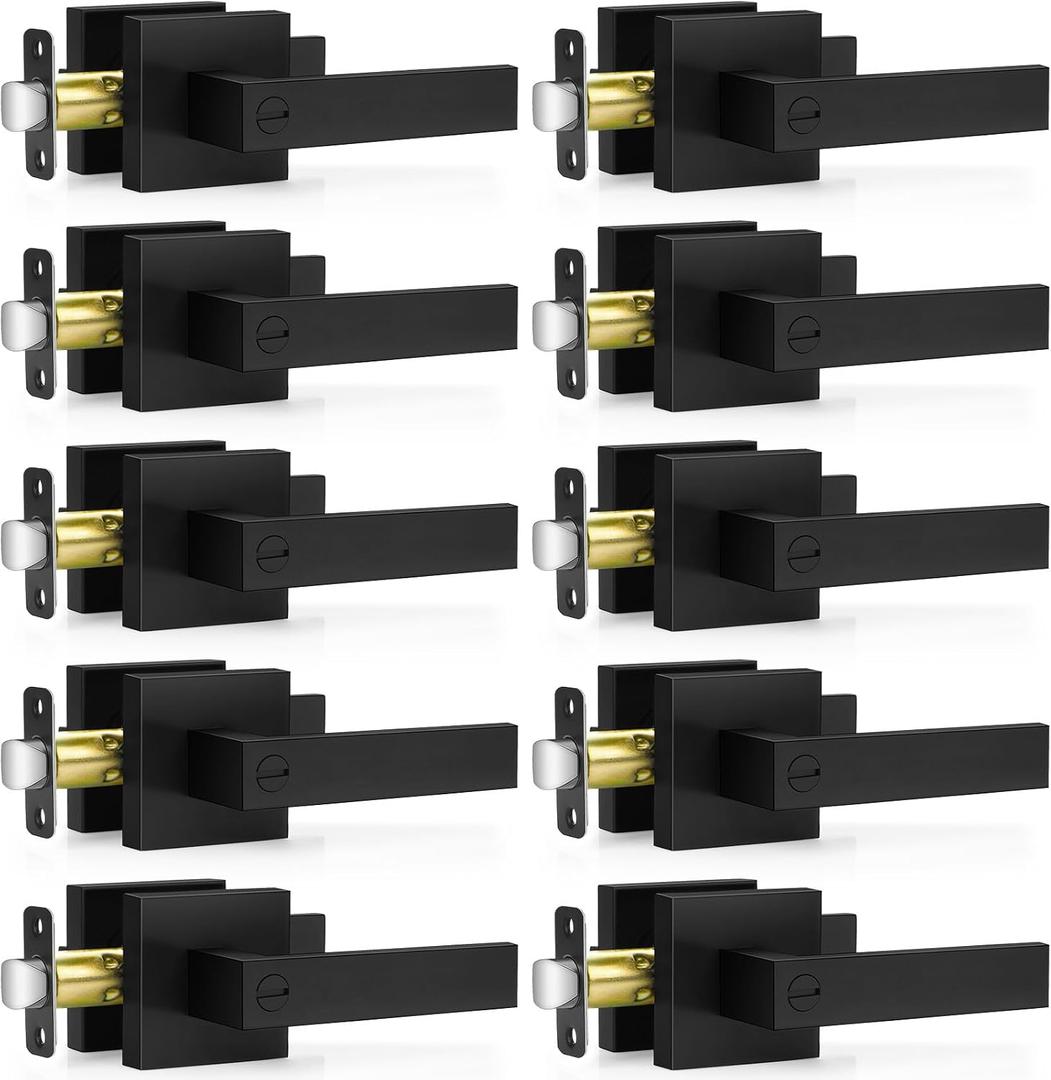 Plustool 10 Pack Matte Black Door Handles Interior, Keyless Interior Door Knobs, Privacy Door Locks for Bedroom Bathroom, Heavy Duty Square Door Lever Locksets, Reversible for Left&Right Handled Doors
