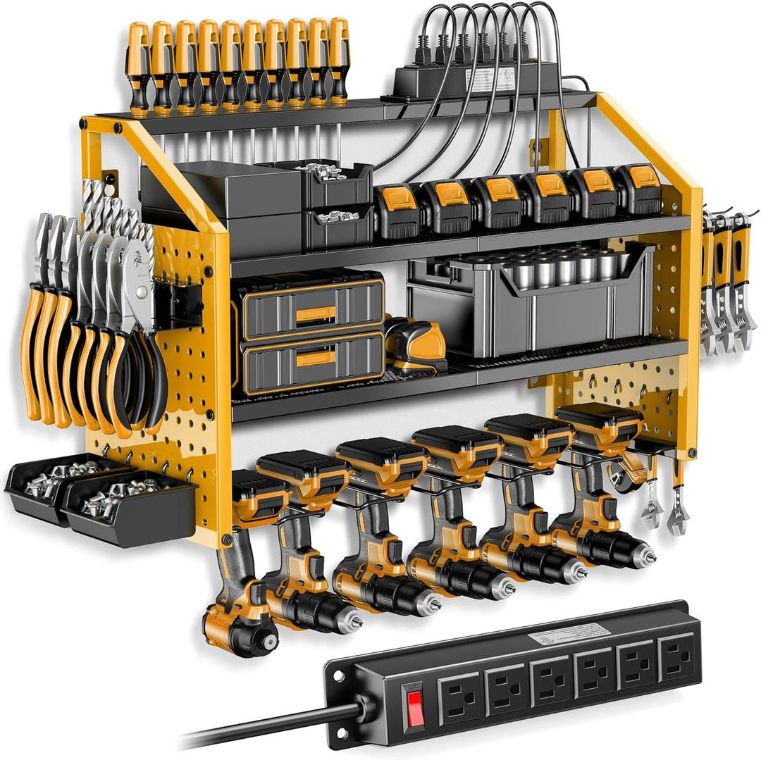 LBT Power Tool Organizer With Charging Station,Patented,Heavy Duty Steel,6 Drilling Rig Sizes With Hooks And Screw Boxes,6 sockets,Easy To Install Garage Storage Rack,Great Gift For Men, Yellow (6 Drills Holder)