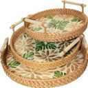 Set of 3 Handwoven Rattan Serving Trays, Handmade Wicker Decorative Trays, Boho Storage Trays for Coffee Table, Bathroom Vanity, Bedroom Dresser, Organizer for Perfume, Jewelry, Snacks & Home Decor