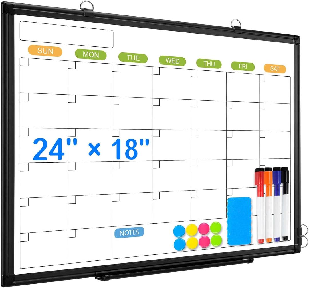 Dry Erase Calendar Whiteboard for Wall, 24" x 18" Magnetic Monthly White Board Calendar with Black Aluminum Frame, Double-Sided Hanging Dry Erase Board for Office, Home, School
