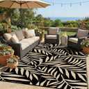 Smiry Outdoor Rug 9x12 ft, Waterproof Reversible Plastic Straw Rugs, Outdoor Area Rug with Leaf Pattern, Outside Floor Mat for Patio, Backyard, Deck, Picnic, Beach, Camping, Black & Beige