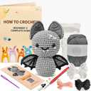 Minimal Beee Bat Crochet Kit for Beginners - DIY Halloween Craft Gift with Animal Yarn, Easy Knitting Supplies for Adults, Complete Starter Crochet Set with Needles & Instructions, 2 Pack (Grey)