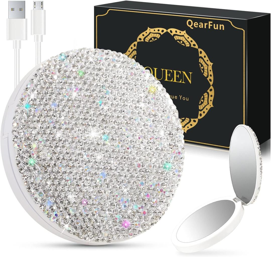 QearFun Luxurious Rhinestone LED Lighted Compact Mirror,Bling Portable Travel Makeup Mirrors,3.5 inch Rechargeable Mini Magnifying Pockets Mirror,Sparkly Beauty for Women,Wedding Favors for Guests (Silver)