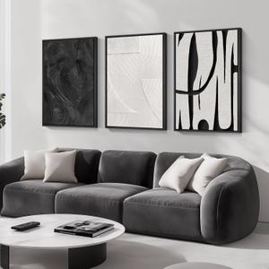 Large Framed Black and White Abstract Wall Art for Living Room, 3 Piece Canvas Prints Paintings Artwork for Walls, Modern Minimalist Pictures for Hallway Stair Office Wall Decor -Total Size 30x60 Inch