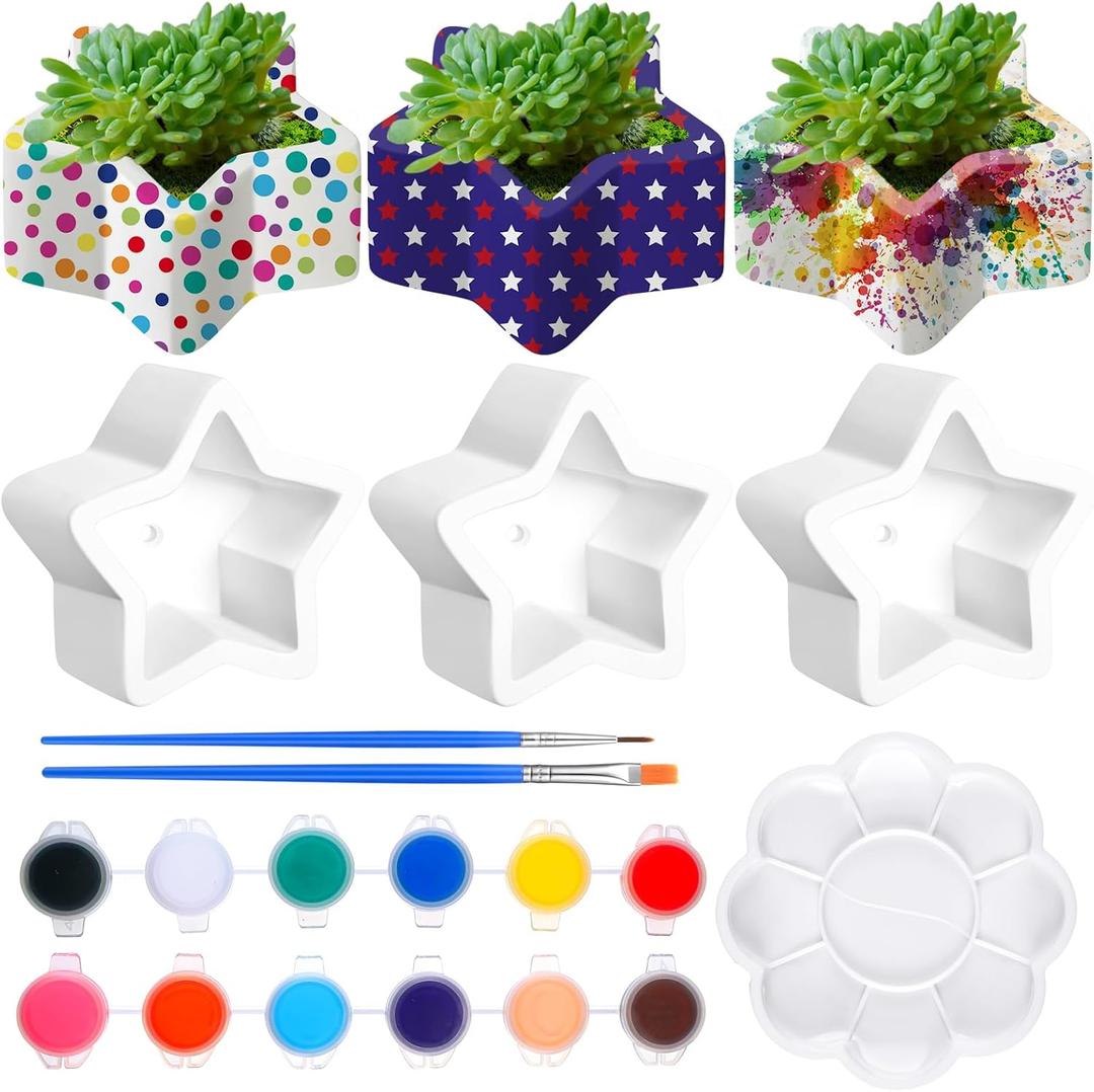 6 Sets 4th of July Paint Your Own Succulent Planters Independence Day Ceramic Patriotic Mini Unpainted Flower Pots Star Paintable Succulent Plant Pots for Adults Classroom DIY Craft Project