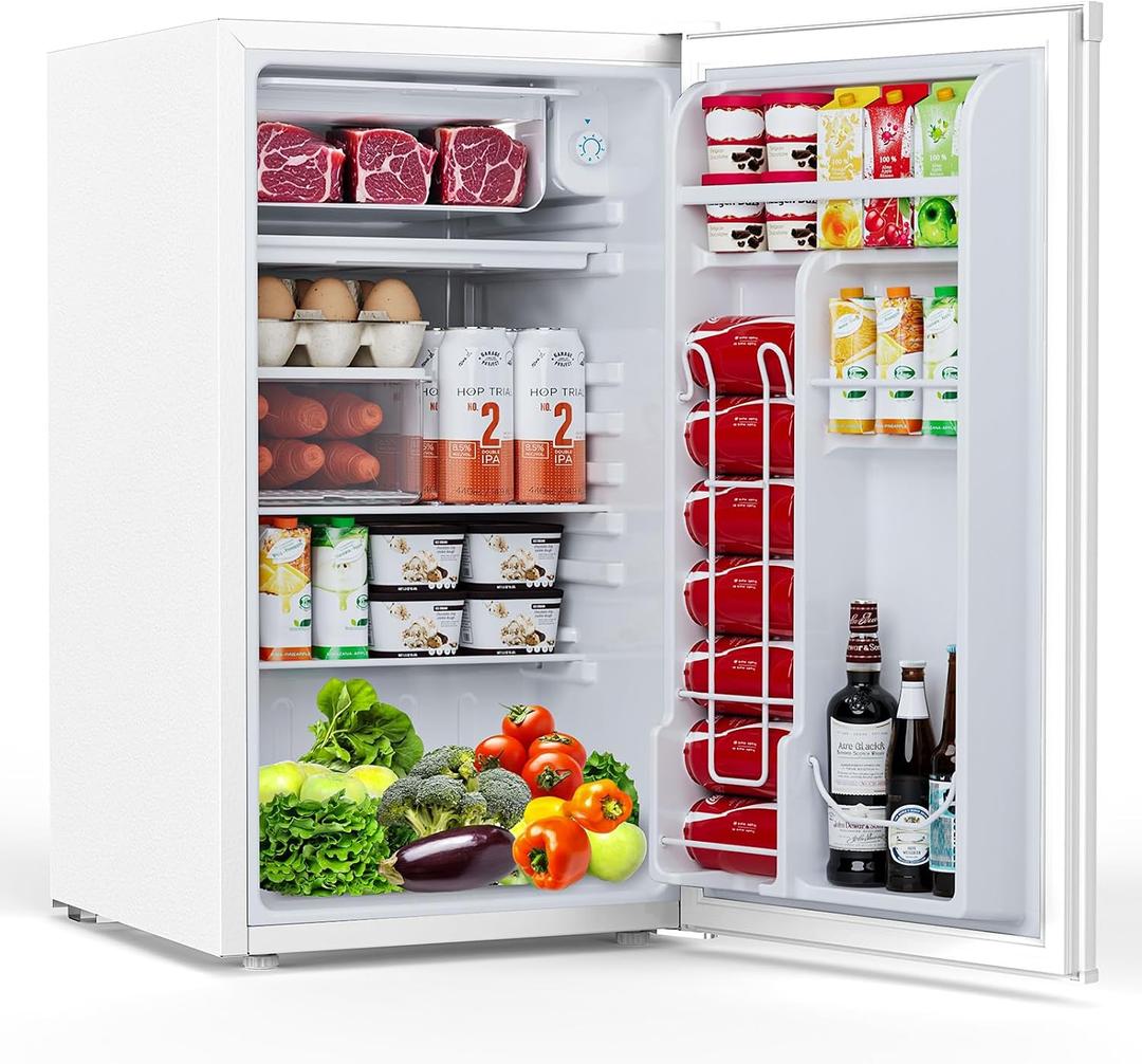 COWSAR 3.2 Cu.Ft Dorm Fridge with Freezer, Single Reversible Door Compact Refrigerator, Adjustable Thermostat, 2 Removable Shelves, Commercial Drink Fridge for Bedroom, Office, Kitchen, Dorm, White