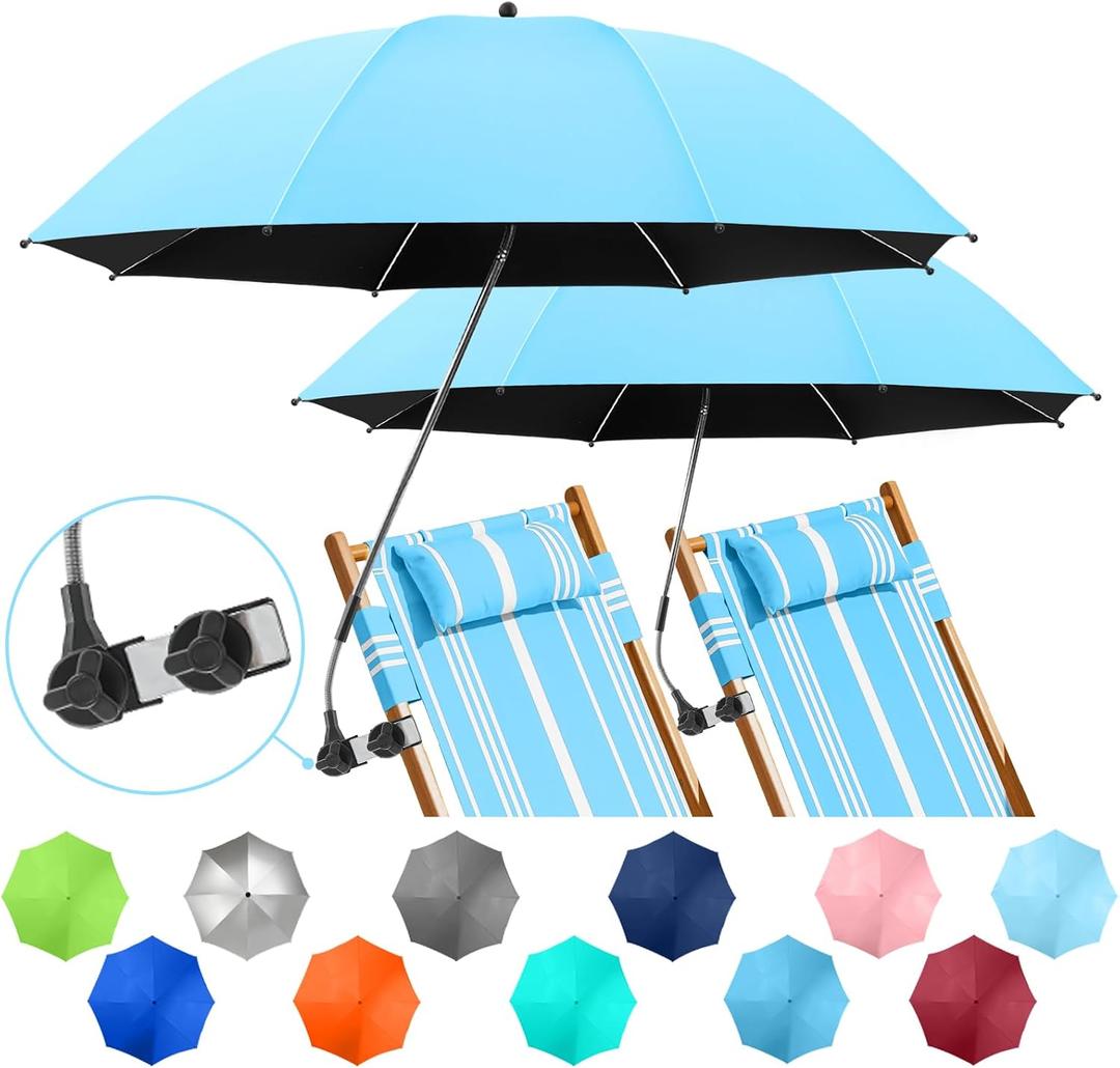 2 PACK Beach Umbrella with Clamp, 360 Adjustable Umbrellas for Chair, UPF50+ Umbrella for Beach Chair, Patio Chair, Wheelchair, Camping Chair, Golf Carts (Chair Not Included)