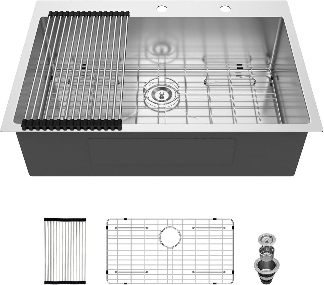 33 Drop In Kitchen Sink - Beslend 33x22 Inch Single Bowl Kitchen Sinks Stainless Steel Topmount Basin 16 Gauge Handmade Top Mount Sink (33 Inch)