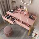 WESTREE Vanity Desk with 2 Drawers and Storage Shelf, Modern Makeup Table with Glossy Desktop, Gold Metal Frame Writing Desk for Bedroom or Home Office, No Mirror