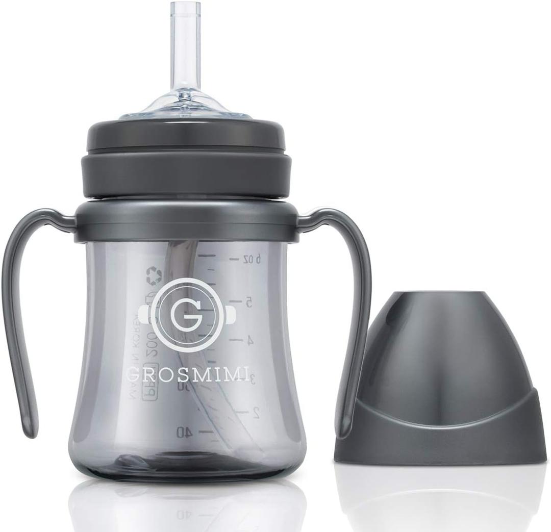 GROSMIMI Spill Proof no Spill Magic Sippy Cup with Straw with Handle for Baby and Toddlers, Customizable, PPSU, BPA Free 6 oz (Charcoal)